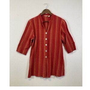 Vtg PUTUMAYO Striped Mandarin Collar 3/4 Sleeve Cotton Button Up Tunic Top M